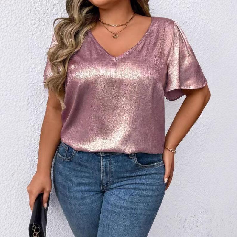 T-shirt Manches Courtes Uni Col en V Coupe Ample pour Femme Printemps/Été 2026