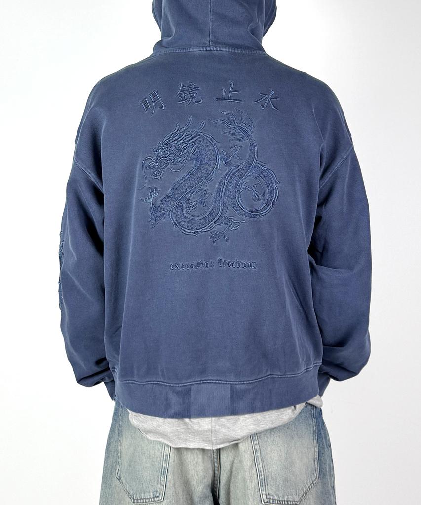 Vintage Dragon Embroidery Oversized Pigment Hoodie (Washed Blue)
