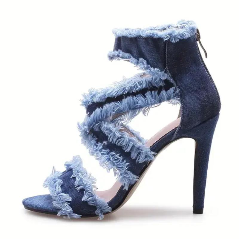 Open Toe Denim Women's Sandals Ankle Strap Stiletto Peep Toe Cutout Zipper High Heels Sandals Casual Daily Shoes Plus Size 43