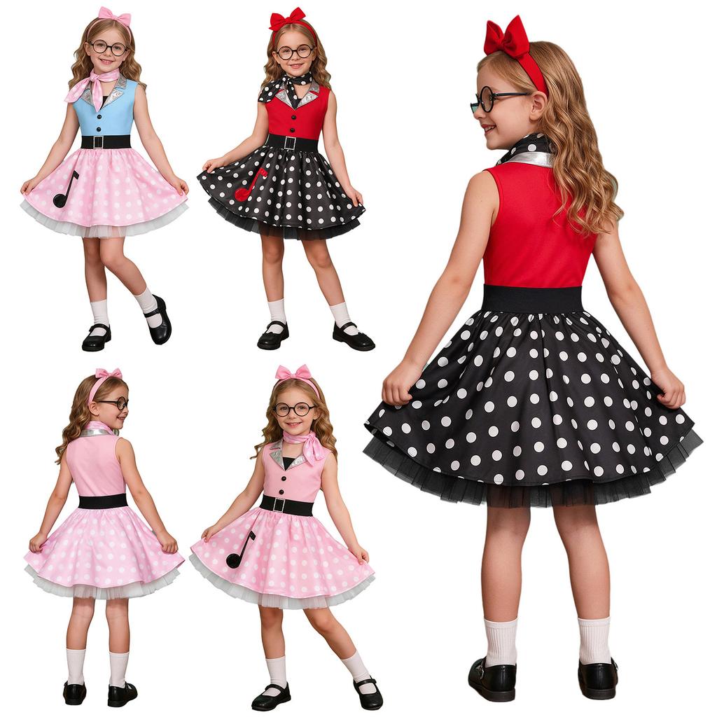Kids Girls 50s Vintage Polka Dot Dress Metallic Lapel Collar Sleeveless with Neck Scarf for Retro Birthday Halloween Theme Party