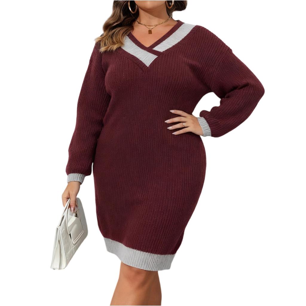Women's Fashion Plus-Size Sweater V-Neck Color-Blocked Spliced Bodycon Sweater Dress