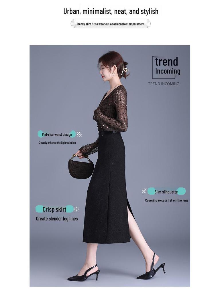 2026 Spring/Summer Elegant High-Waisted Bodycon Midi Skirt with Slit