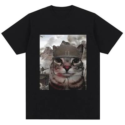 Camiseta Meme Gato Mirada de las Mil Yardas Divertida Estilo Humor Vintage Camiseta de Alta Calidad Hombres Mujeres Oversized Casual Streetwear
