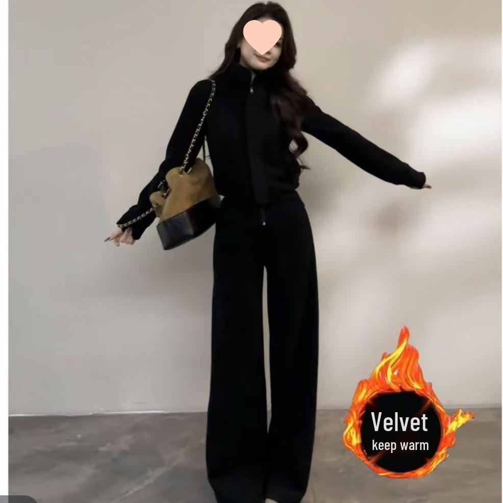 Korean Style Stand-Collar Sweatshirt Jacket & Casual Wide-Leg Pants Set for Women - Autumn/Winter Fashion