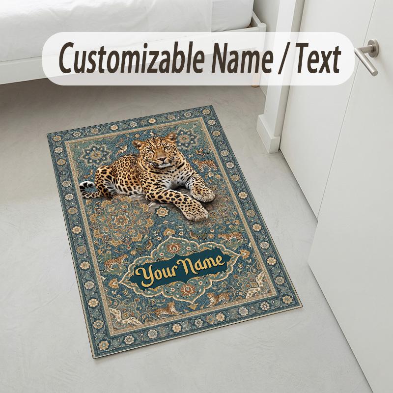 Leopard Ornate Theme Soft Crystal Velvet Rug Custom Name & Text Print Non Slip Floor Rug for Bedroom Living Room