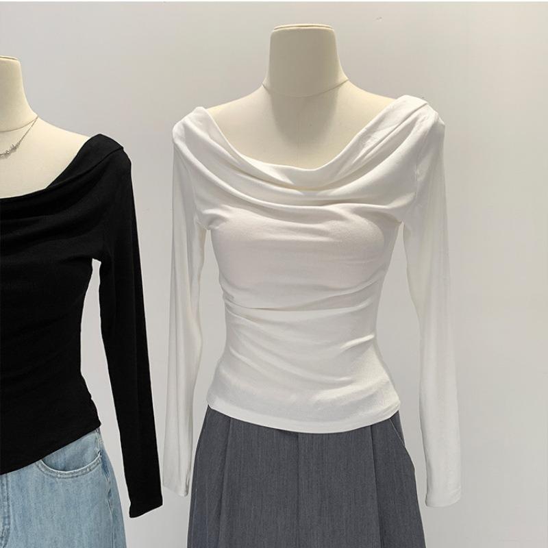 Spring swinging collar leaking collarbone long-sleeved shirt female slim-fit Spice Girl one-word shoulder top bottoming shirt