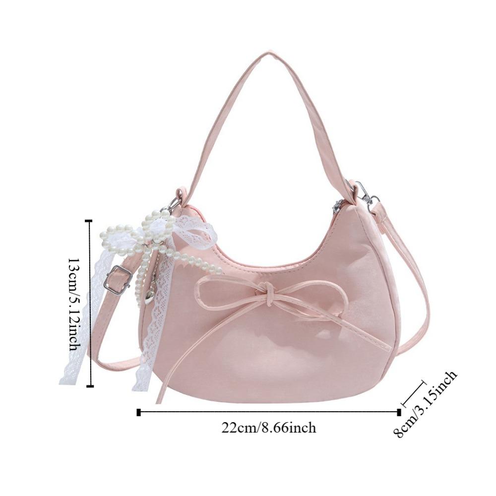 Lace Pearl Pendant Bow Shoulder Bag Large Capacity French Style Handbag PU Hobo Bag  Streetwear