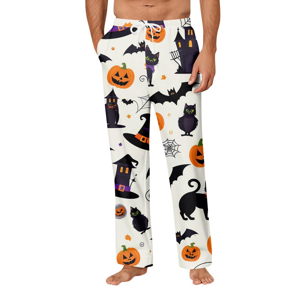 Men's Halloween Print Pocket Straight Casual Pants Home Pajama Pants