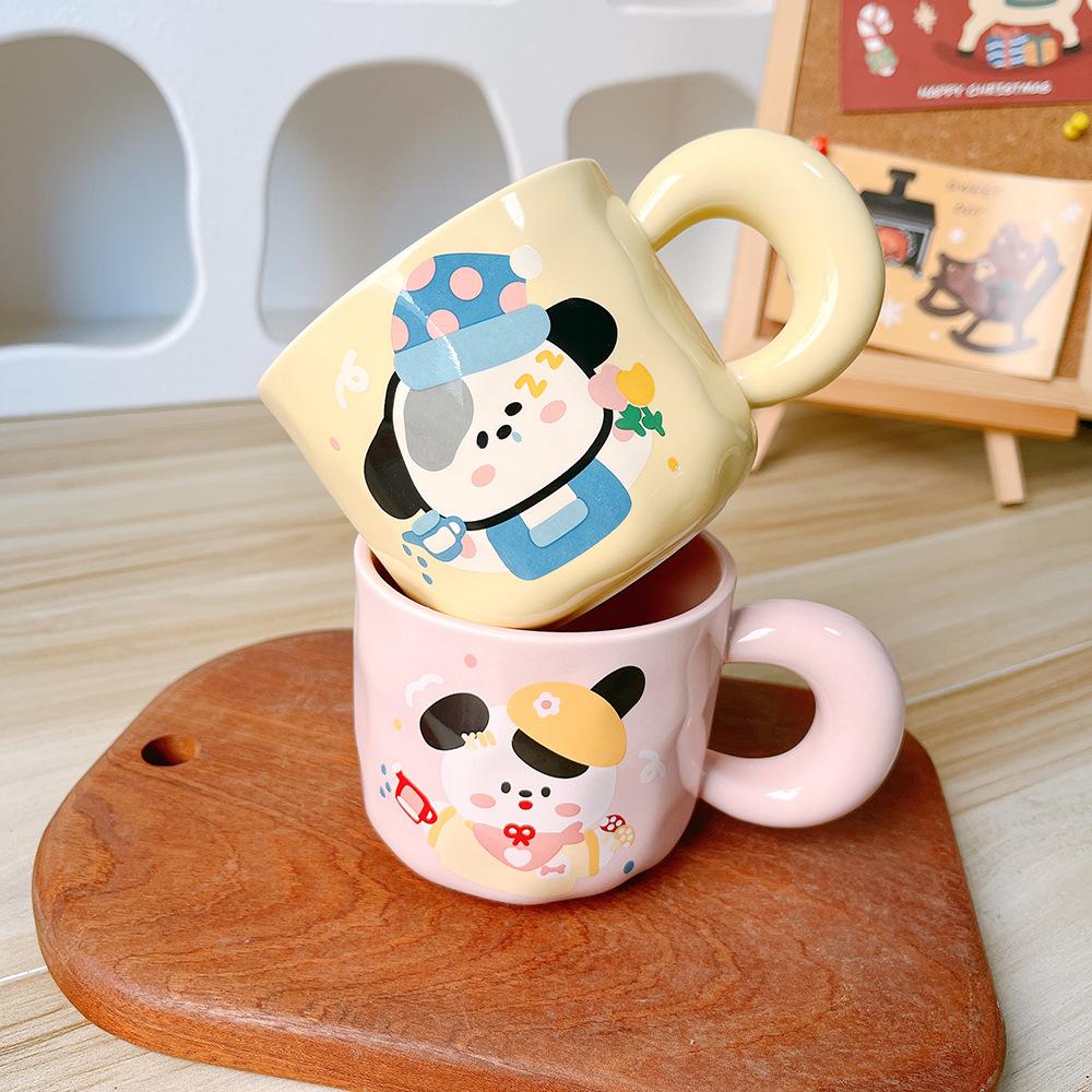 Cute Cartoon Puppy Couple Ceramic Cup Mug Water Cup Girls Boys Gift Souvenir with Cover Spoon