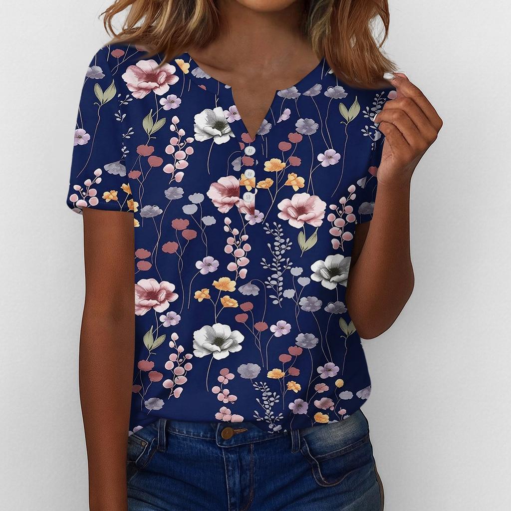 Henley Shirts for Women Womens V Neck Tops Short Sleeve Tops for Women Women Summer Tops Floral Print Casual Blouse