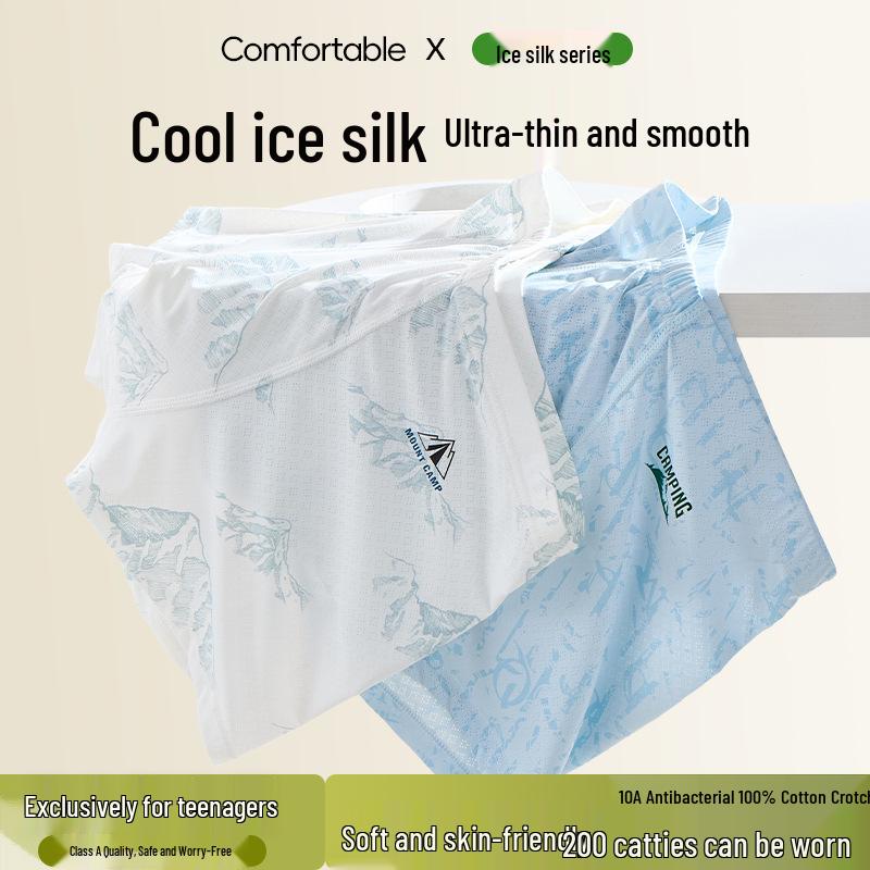 Teen Boys' Ice Silk Boxer Briefs - Developmental Period, Plus Size, Four-Corner Design, Summer Collection