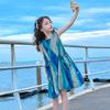 Girls' Sea Blue Cotton Suspender Beach Dress