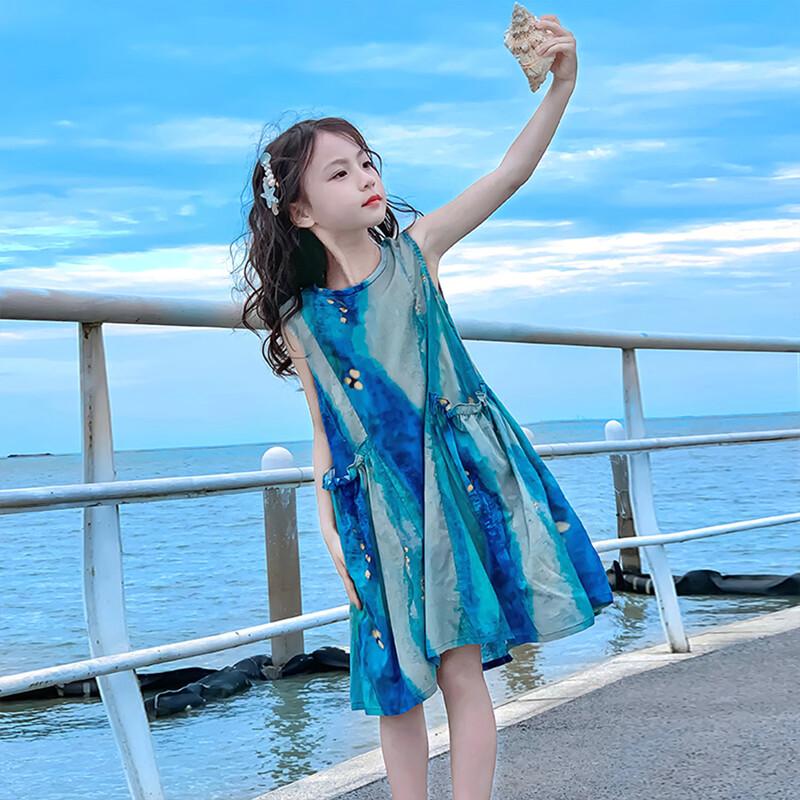 Girls' Sea Blue Cotton Suspender Beach Dress