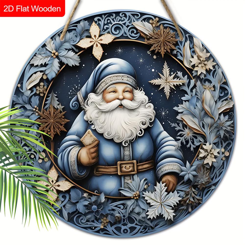 Wooden Christmas Sign with Blue Santa Claus Pattern - Navidad Round Sign for Yard Door Wall Hanging Decor - Ideal Christmas Decoration