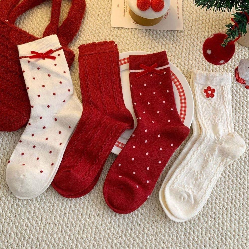 Dots New Year Women's Socks Ruffle Sweet Girls Sock Breathable Autumn Winter Red Socks Festivals