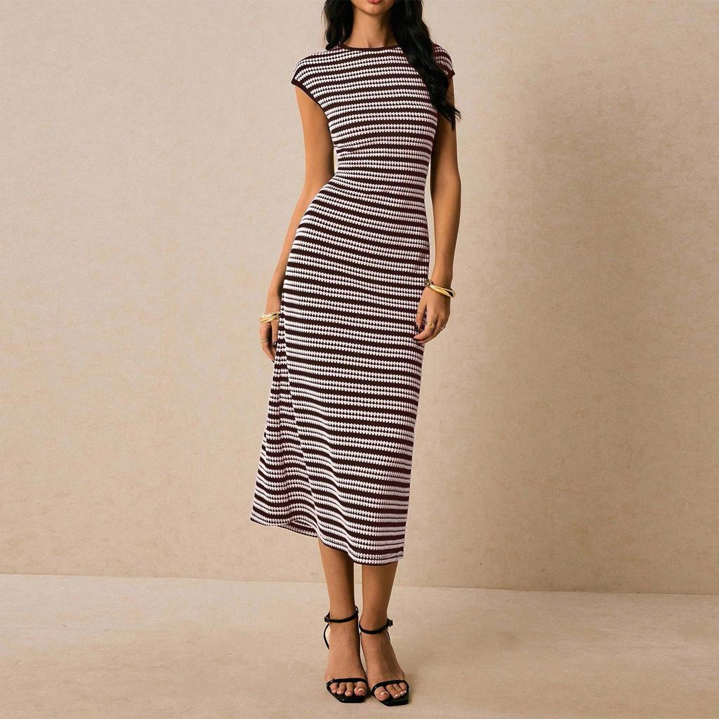 Women's Fashionable Casual Color Blocked Striped Waist Cinched Round Neck Short Sleeved Long Dress