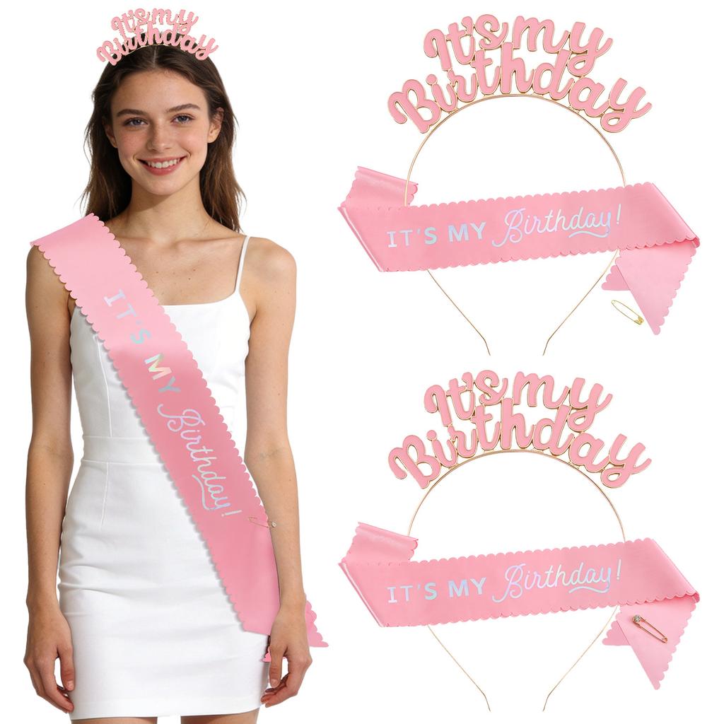 2026 Pink Birthday Headband Shoulder Strap Set It "my Birthday Satin Lace Shoulder Strap Party Supplies