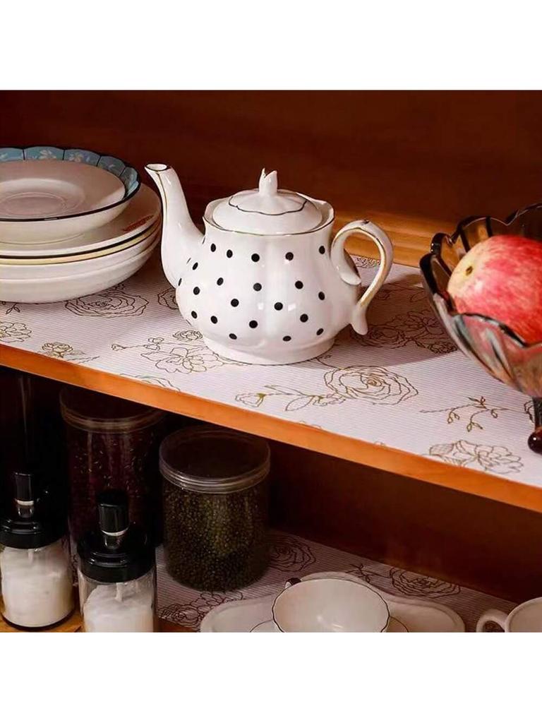 Gold Rose Print Non-Adhesive Drawer Liner: Made Of EVA Material, Removable Kitchen Cabinet Drawer Mat