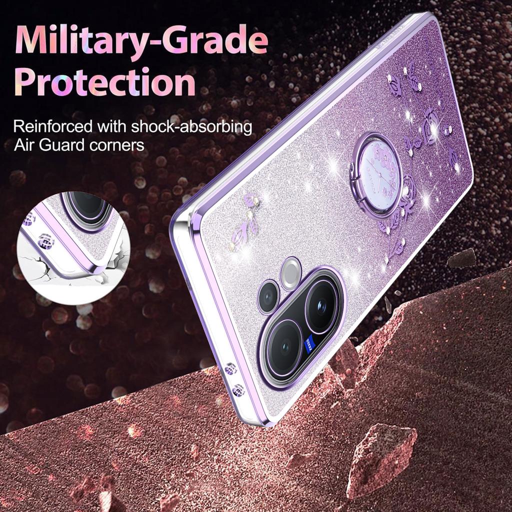 For vivo V60 5G Case Ring Kickstand TPU Flowers Phone Cover Gradient Glitter