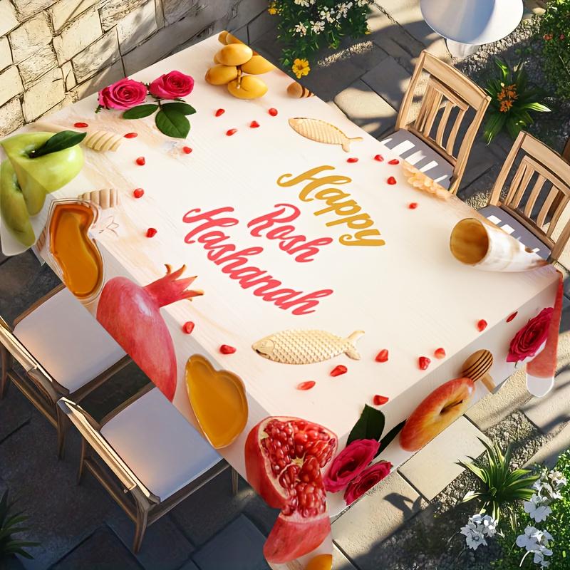 Gelukkig Rosh Hashanah Rechthoekig Tafelkleed voor Tafeldecoratie Keuken Eetkamer Waterdicht Herbruikbaar Tafelkleed voor Tafel Feest 140x140cm
