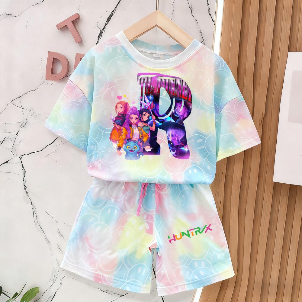Summer Demon Hunters T-Shirt and Pants Set Girls' Clothing Cute Smiley Face 3D Print Short-Sleeve Set Kids' T-Shirt and Shorts Set