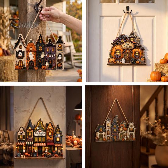 Halloween Door Sign 2D Wooden Hanger Sign, Pumpkin Ghost Vintage Town Building Welcome Rustic Seasonal Wall Plaque with Hanging Rope, Front