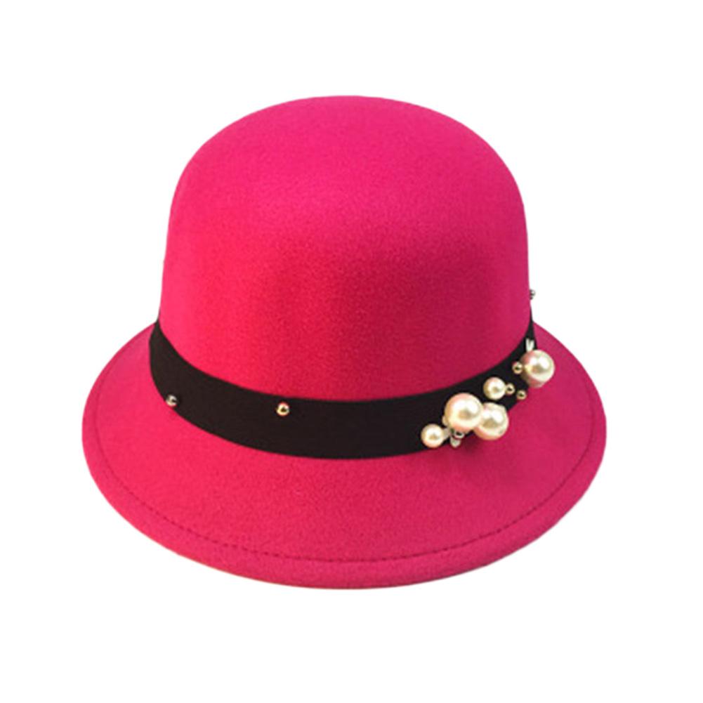 Vintage Women Domed Woollen Hat Adult Fashion Rivets Pearl Decoration Warm Lady Bucket Cap in Winter Autumn Outdoor