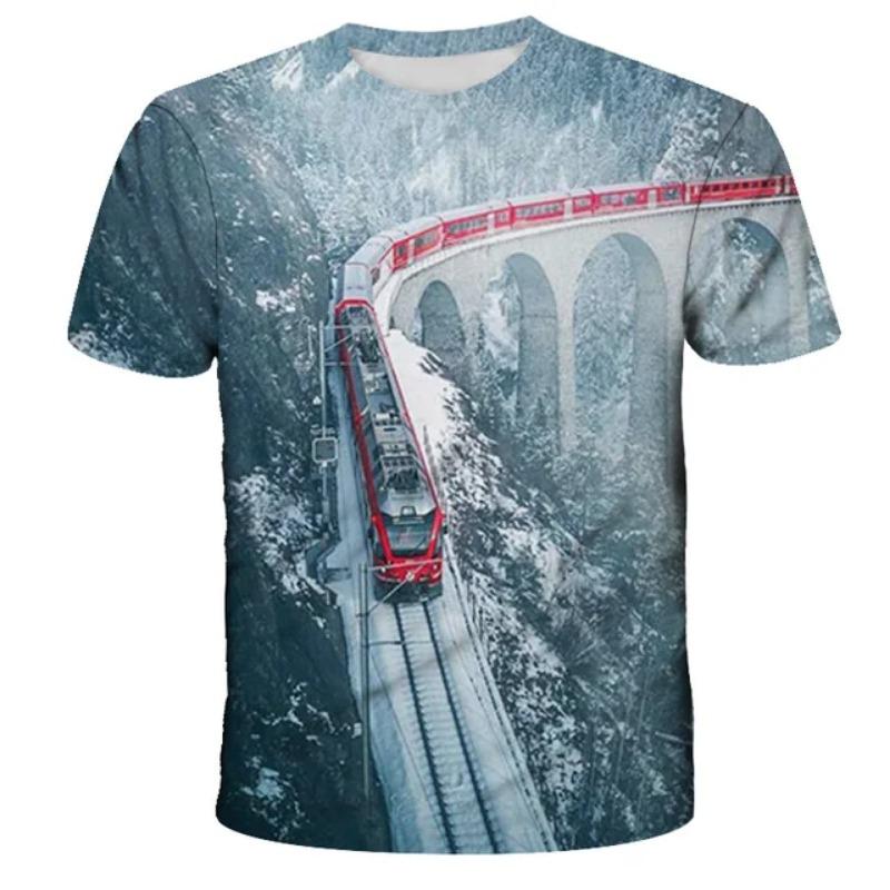 Retro Summer Motorcycle Train 3D Printed T-shirt Fashion Men's and Women's Daily T-shirt Round Neck Pattern T-shirt Top
