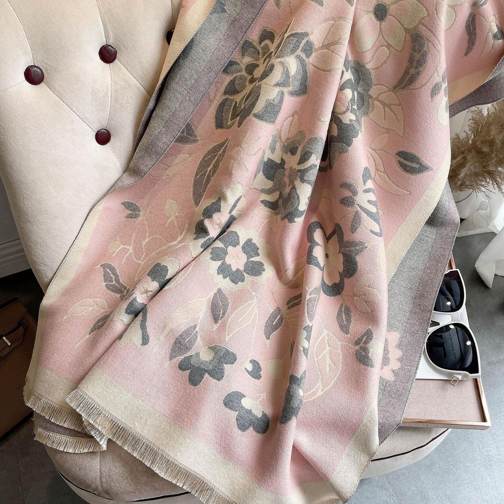 Flower Jacquard Scarf Women'S Autumn And Winter Imitation Cashmere Decoration Air Conditioner Shawl Short Beard Tassel Scarf Tassel Decoration