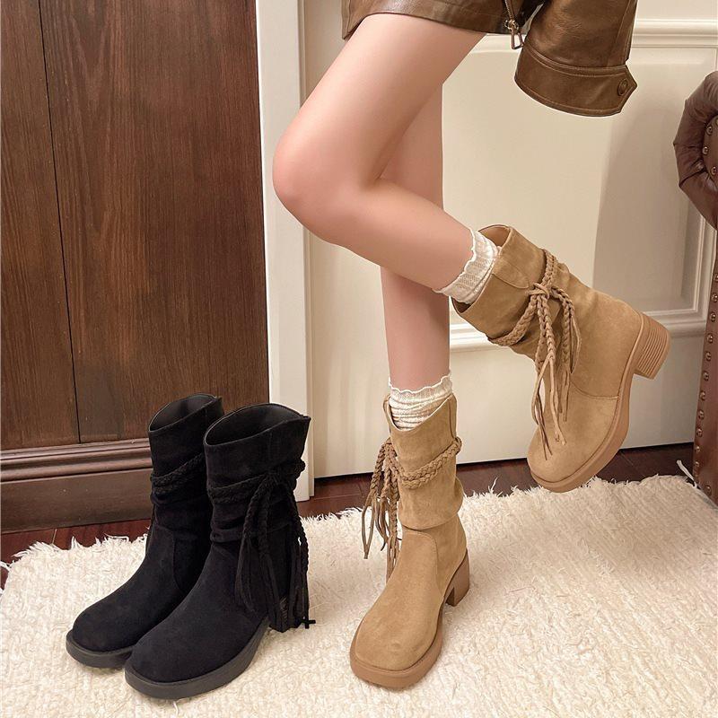 Raised Thick-soled Tassel But Retro Knight Boots Knee Western Small Round Head Thick Heel Martin Boots Short Cowboy