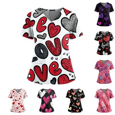 Women's Valentine's Day  Printed V-Neck Double Pocket Short Sleeves Hem Slit  Uniform Caregiver Top