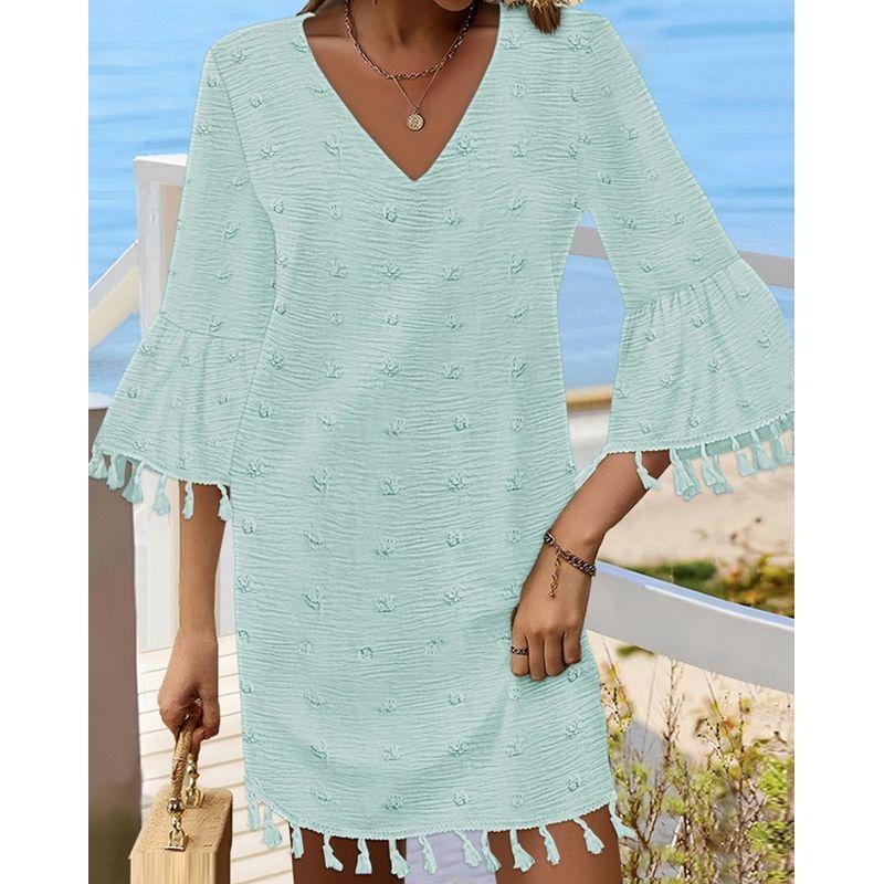 

Spring Summer Solid Simple Casual Short dress V-neck Half Sleeve Loose Tassel Dress Women Green M