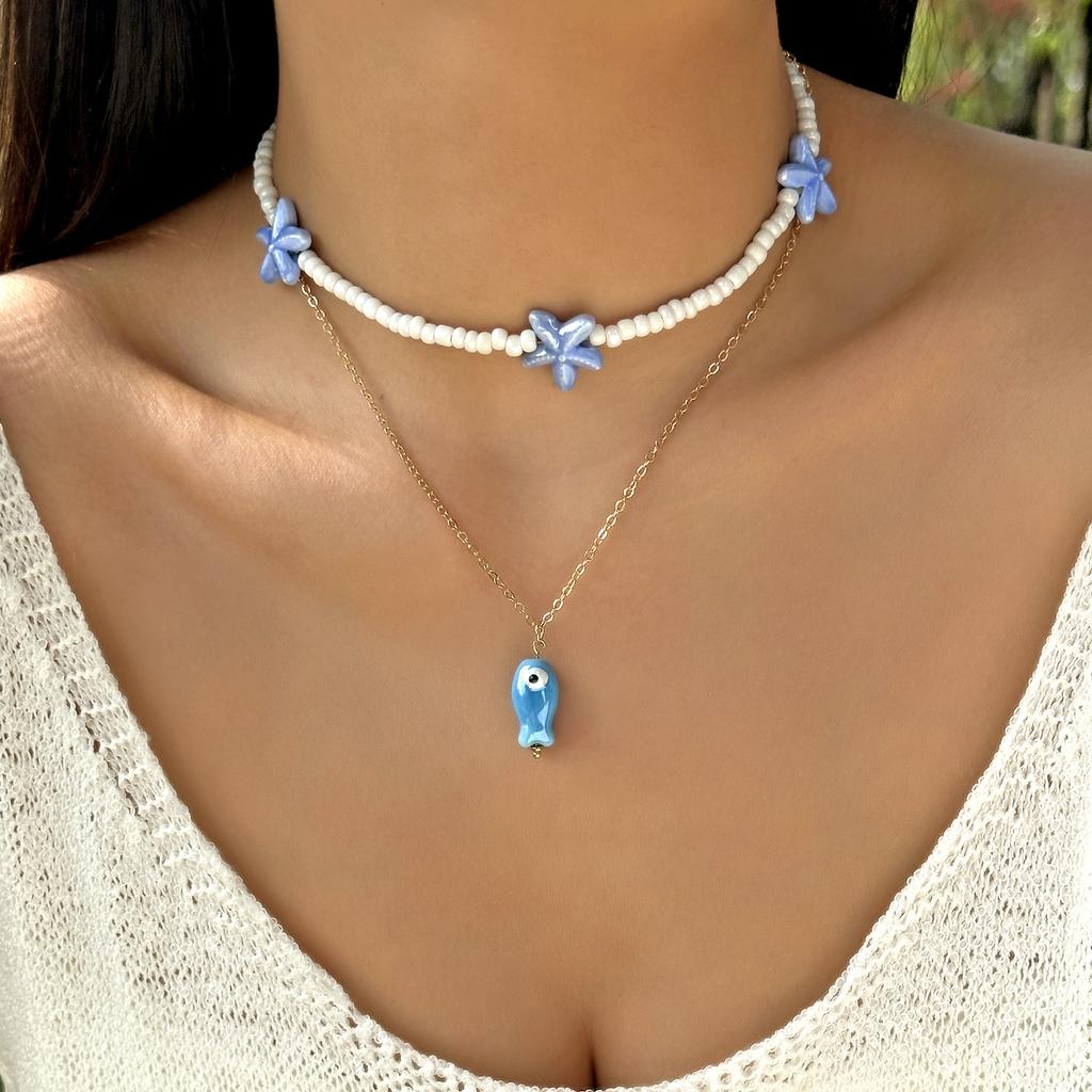 Bohemian Ceramic Small Fish Starfish Chain Necklace for Women Handmade Beaded Double Layer Necklace Friendship Jewelry GIfts