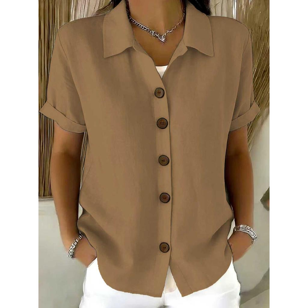 Women's Elegant Summer Cotton Linen Tops Short Sleeve Lapel Button Up Solid Color Loose Shirt Women Casual Blouse Cardigan Tops