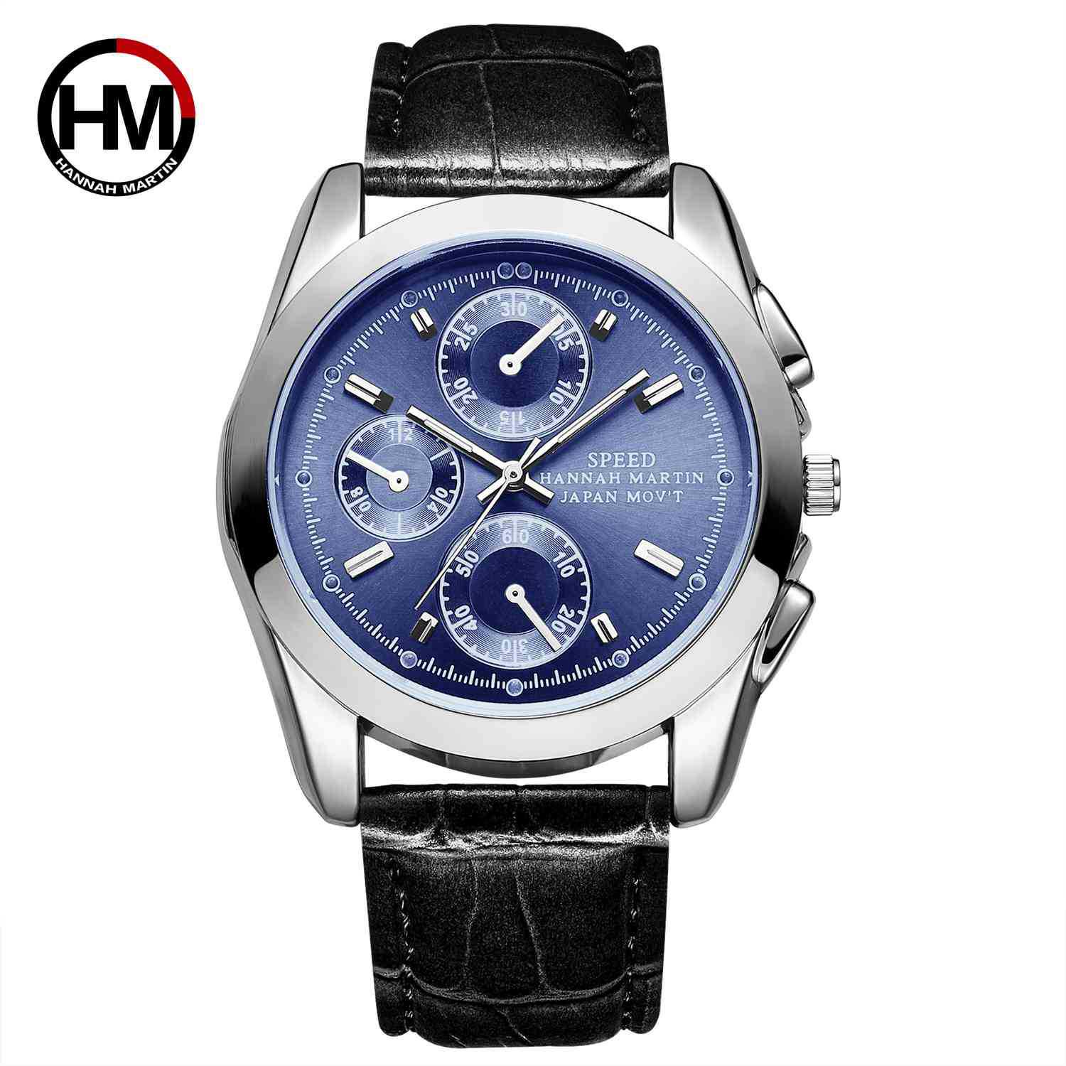 

Ханна Мартин модные мужские спортивные часы с тремя глазами пары кварцевые наручные часы для мужчин повседневные кожаные часы 30 м водонепроницаемые наручные часы