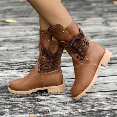 Women's Studded Mid-Calf Riding Boots, Low Heel Western Style Plus Size Boots, Fashion Fall Winter Shoes