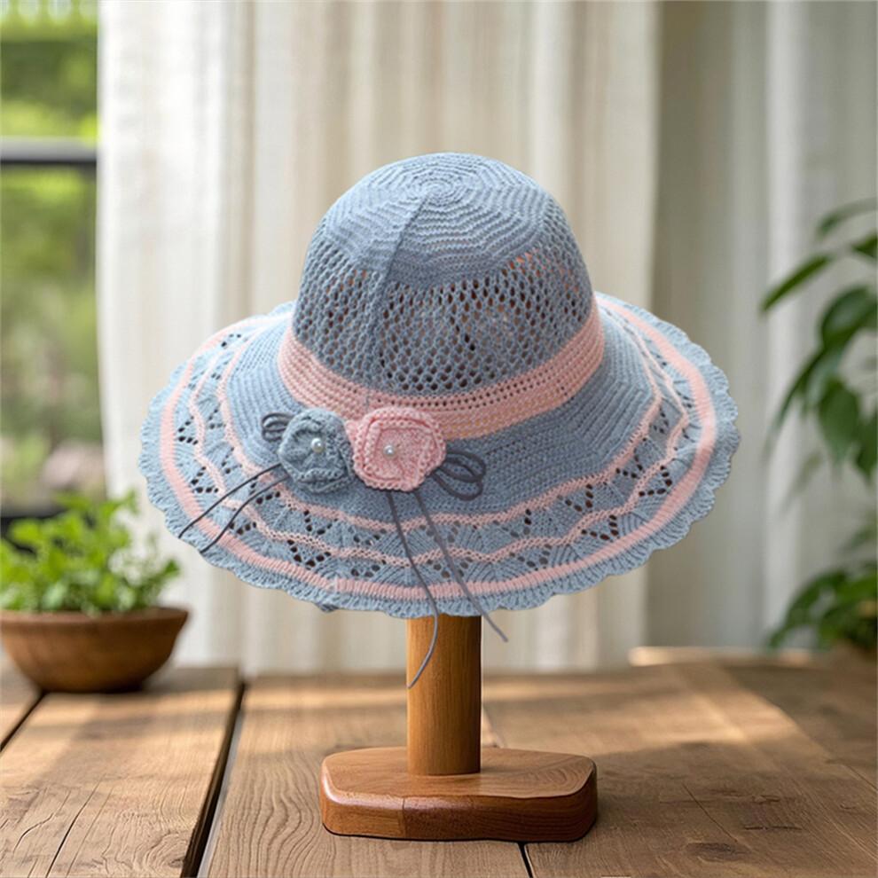 (One Size, Gray) Women Summer Knit Sun Hat Breathable Crochet Flower Wide Brim Sun Protection Fisherman Cap