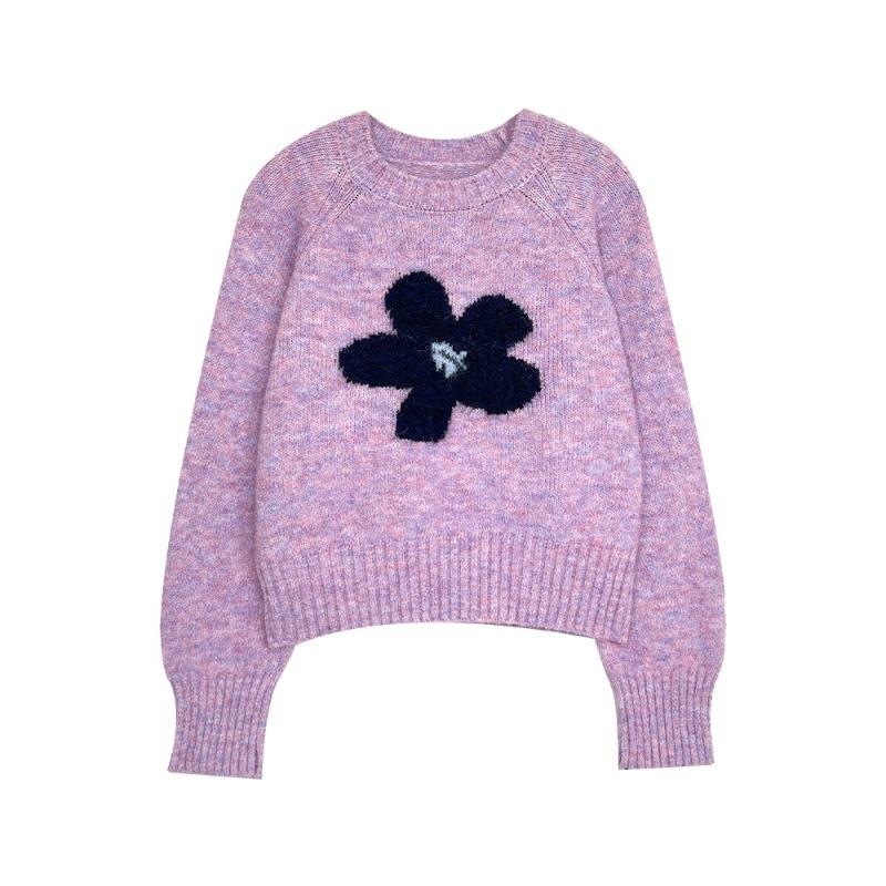 DIMANAF 2025 Jesień Kobiety Nowe Krótkie Swetry Dzianinowe Kwiat Podstawowa Moda Okrągły Dekolt fioletowy Styl Luźny Czerwony Sweter Pulower