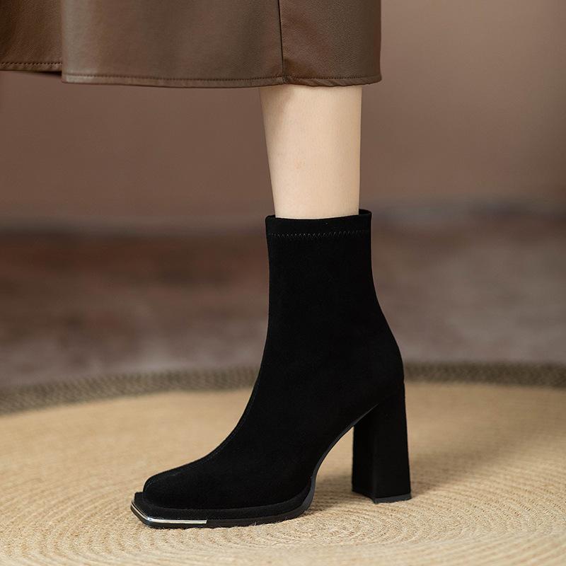 Martin boots women's autumn and winter 2025 new suede thin short boots square head thick heel velvet high heels short boots