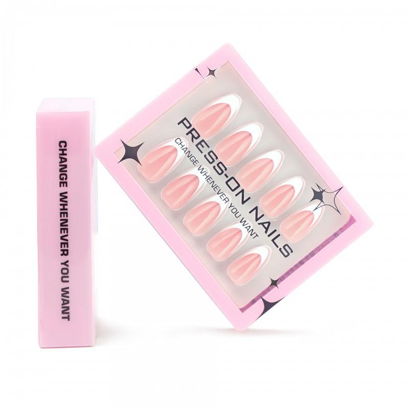 

30 Piece Set Of Pink French White Border Wearing Nail Art High-end Boxed Pieces Cross-border Hot Selling Short Almond