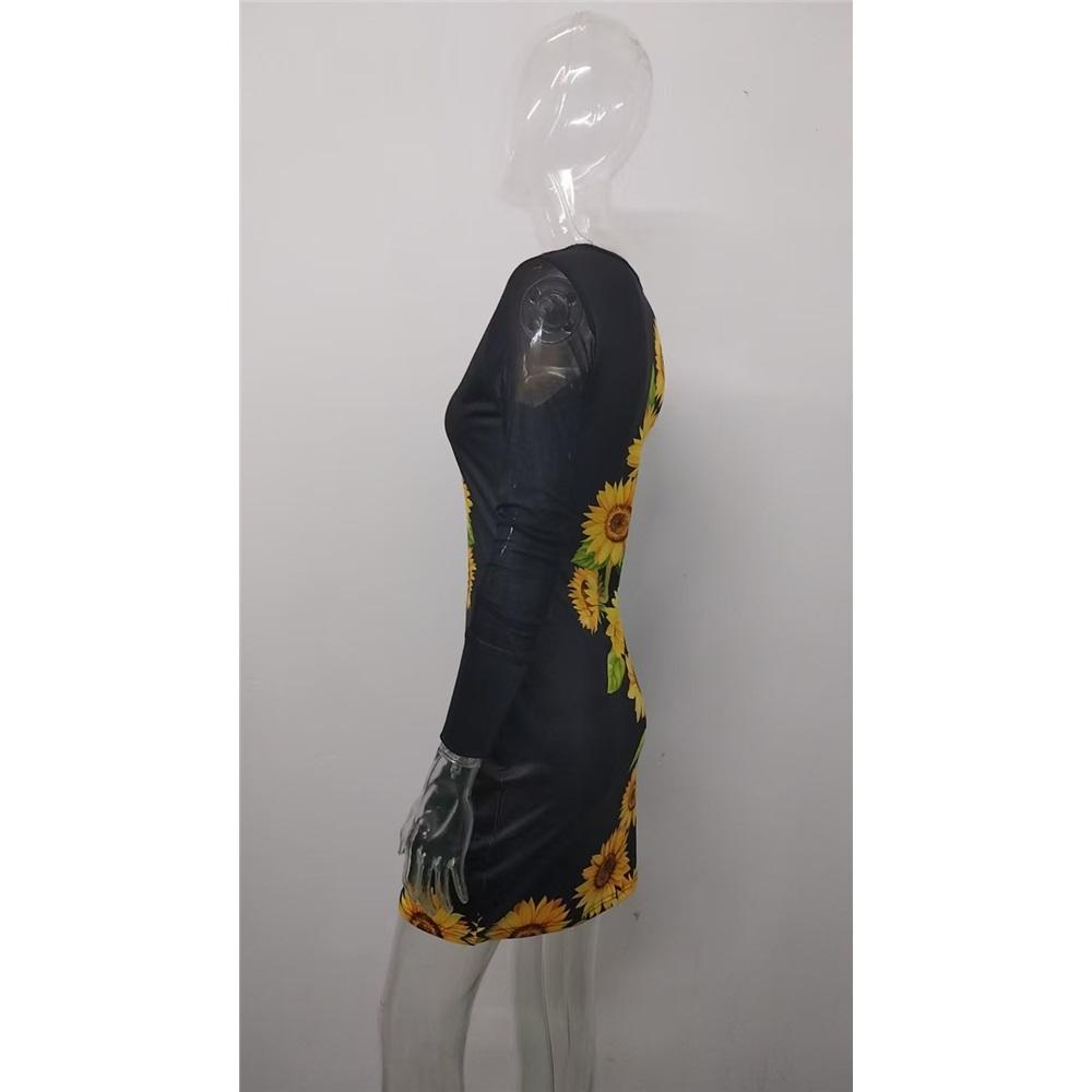 Women's Mesh Long-sleeved V-neck Slim-fit Printed Dress for Women