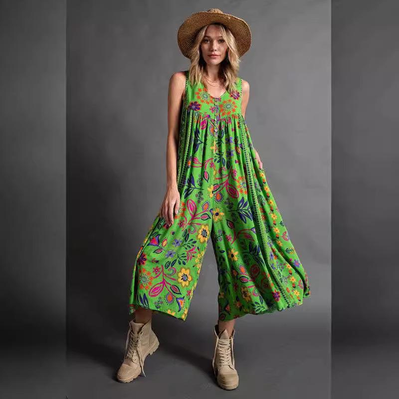 2024 Summer Retro Print Loose Sleeveless Women's Jumpsuit