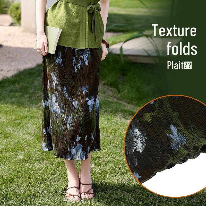 Women's Artistic Floral Pleated A-line Midi Skirt