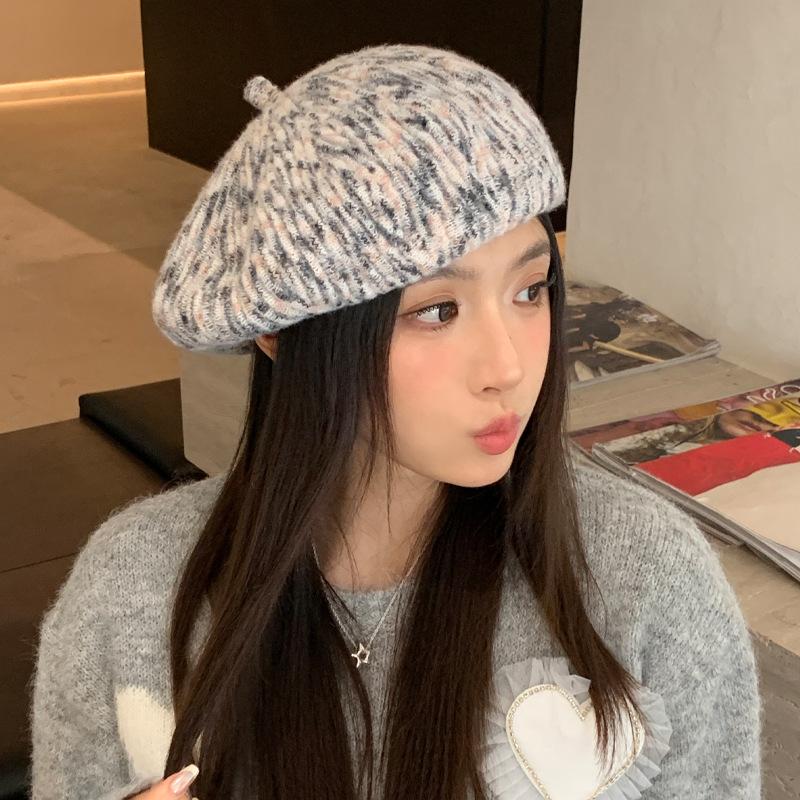 Striped Beret Autumn and Winter Hat Women's Big Head Circumference Fleece Warm Beret Fashion Versatile Painter Hat