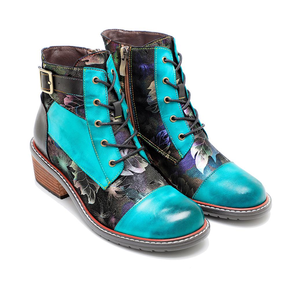 Johnature Handmade Printing Contrast Short Boots Retro Casual Comfort Genuine Leather Women Shoes