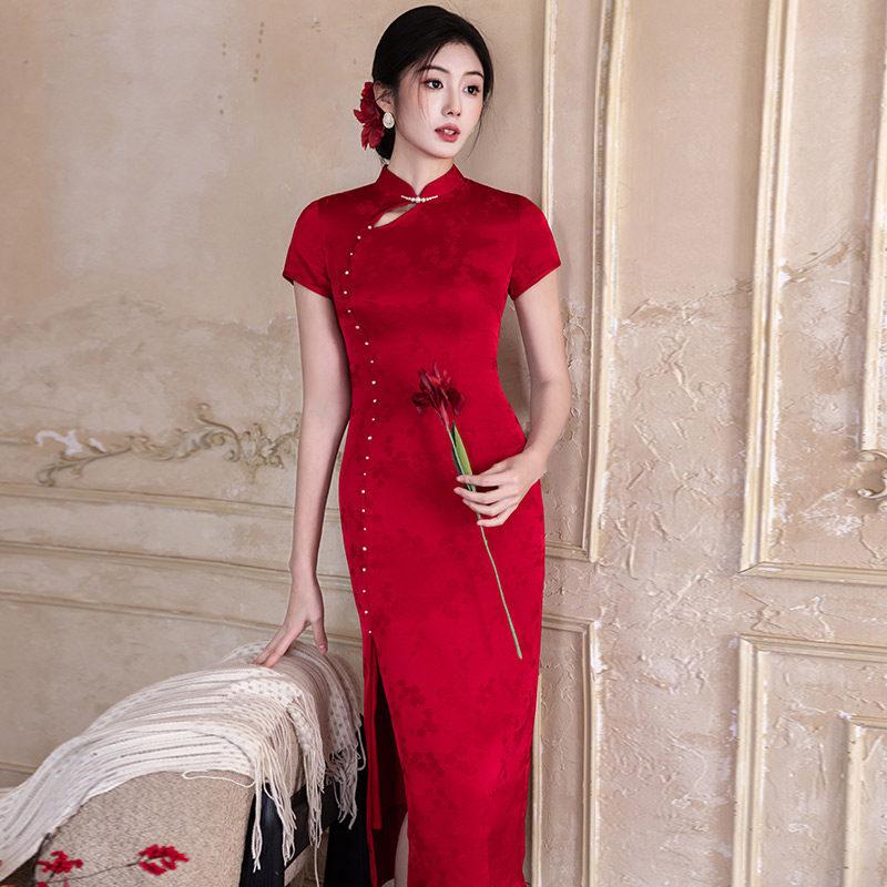 Red national style new Chinese long improved cheongsam 1011 new women's high-end bridal toast engagement dress
