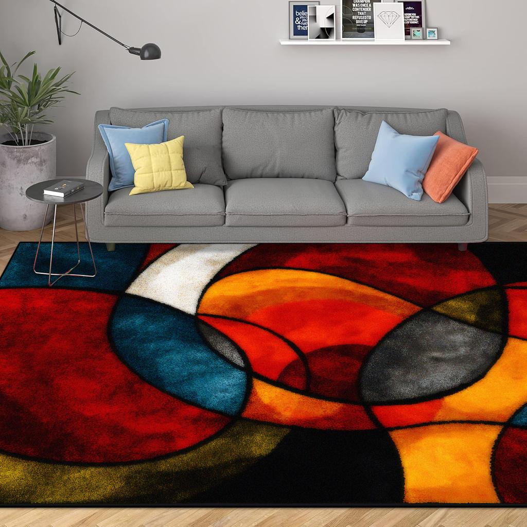 Abstract Modern Geometric Area Rugs Bedroom Living Room Non-slip Floor Mat with Vortex Red Orange Dining Room Carpet Washable