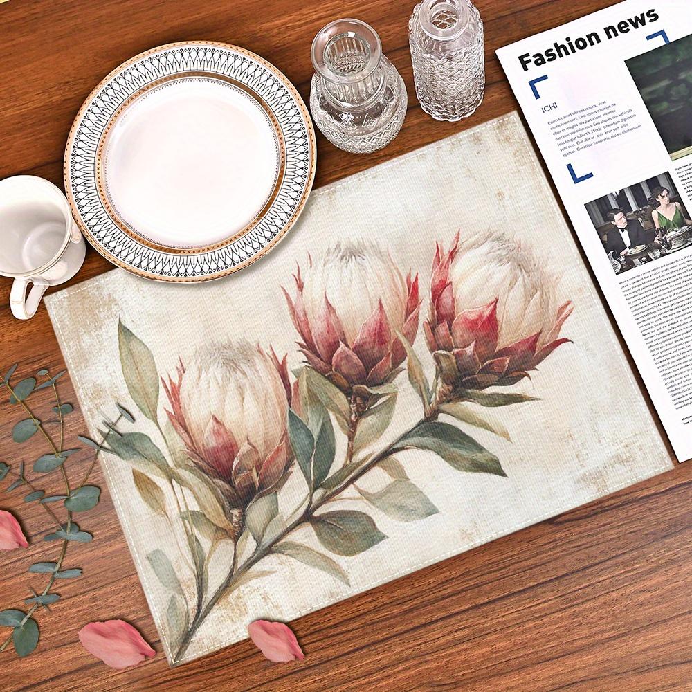 4pcs Elegant Golden Protex Floral Print Placemats, 12x18 Inches - Washable Linen Rectangular Design, Ideal for Kitchen, Dining Room, Holiday Parties,