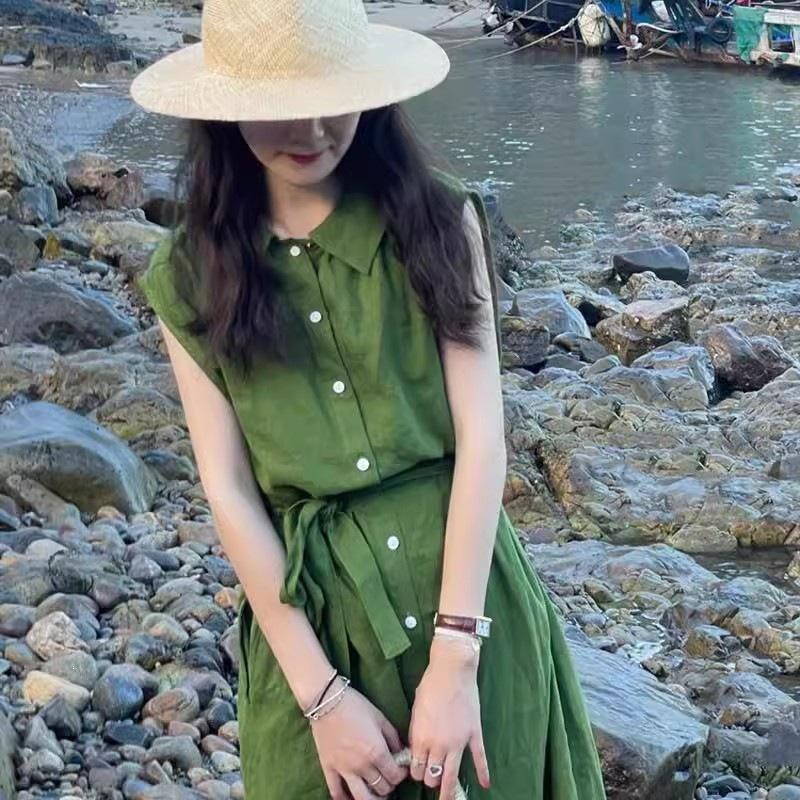 French green lapel sleeveless dress women's summer new retro temperament single-breasted long