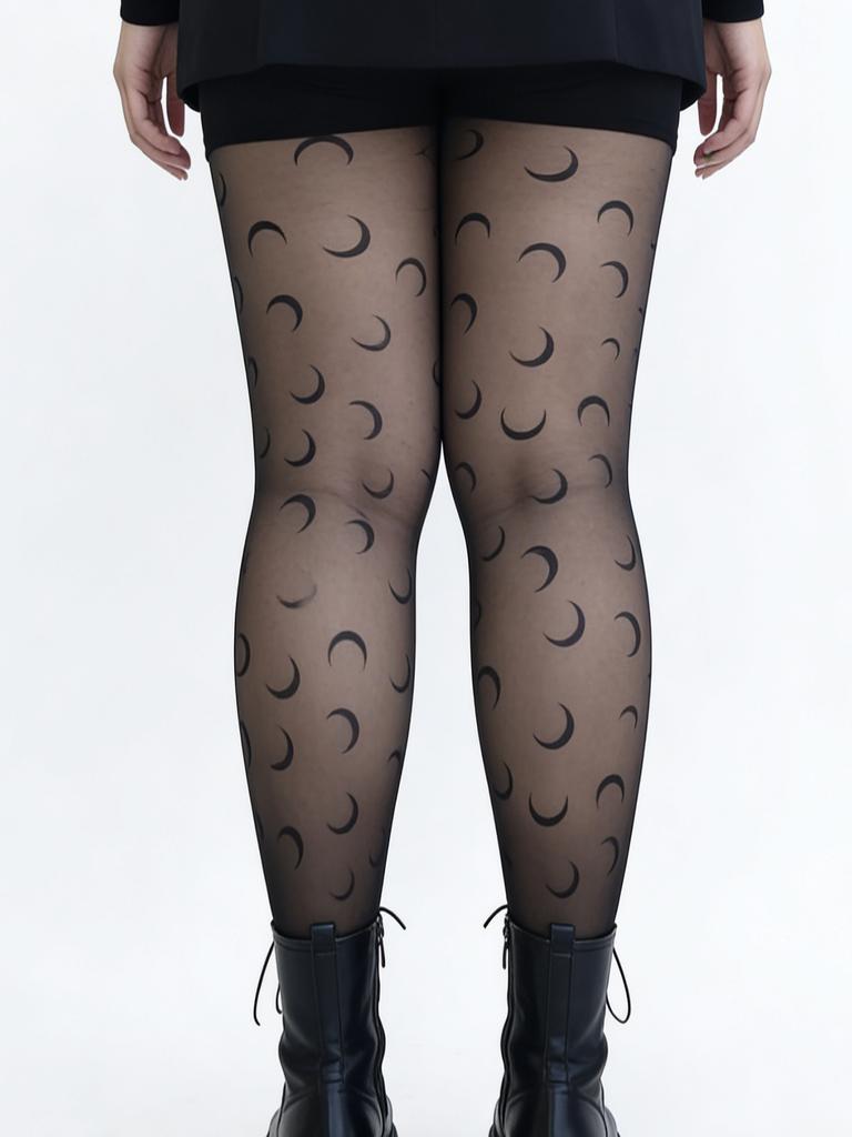1 Stück Schwarze Mond-Print Netzstrumpfhose Für Damen, Valentinstags-Exklusiv, Romantisches Mondmuster, Anti-Laufmaschen & Schlankmachend, Perf